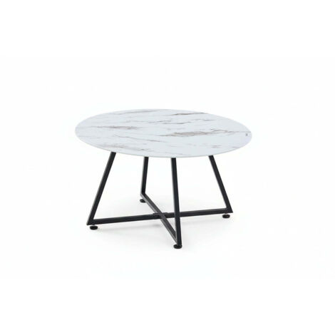 Table Basse Ronde HELOISE Métal Noir Plateau Céramique Effet Marbre Blanc D80xH45cm