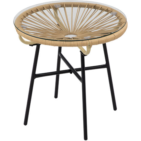 Table basse ronde jardin résine rotin métal verre trempé Ø 50 x 50 cm