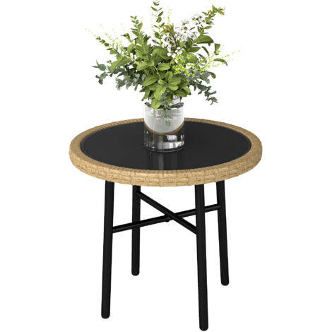 Table basse ronde jardin table appoint extérieur résine tressée plateau verre trempé 46x46x43 cm naturel