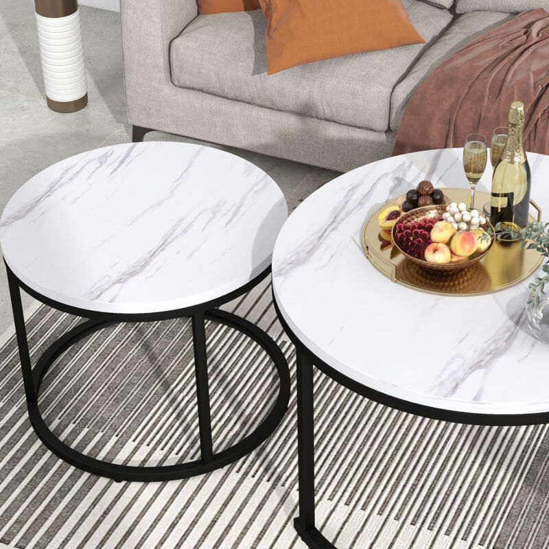 Ohjijinn - Table basse ronde, lot de 2, table basse de salon, table d'appoint ronde en boîte, 2 tables d'appoint rondes