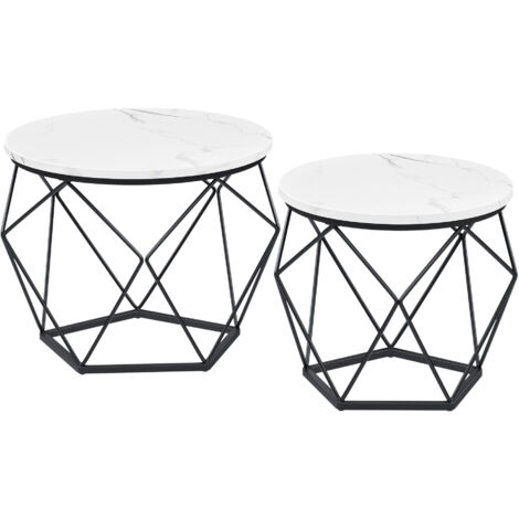 Table Basse Ronde, Lot de 2, Table d’Appoint, Bout de Canapé, Style Moderne, Plateau Amovible, Cadre en Acier, pour Salon, Blanc et Noir