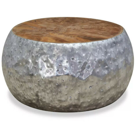 Table basse ronde métal argenté et teck massif foncé Vedi