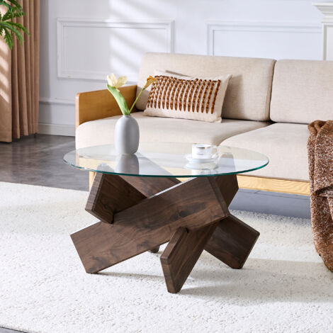Table basse ronde multicolore MDF + verre trempé 0,8 cm,Ø79 cm. Pieds en noyer profond,style simple et élégant pour salon contemporain.