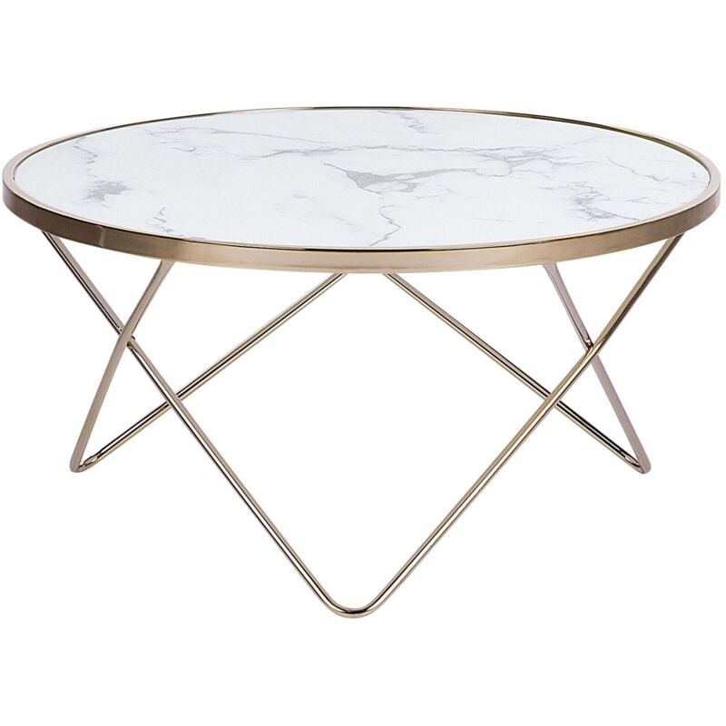 Beliani - Table Basse Ronde avec Plateau en Verre Imitation Marbre Blanc et Structure en Métal Doré pour Salon Moderne et Glamour