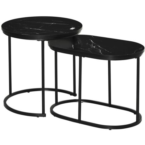 Table basse ronde ovale empilable lot de 2 en MDF et métal noir - Structure robuste supportant jusqu'à 30kg - Dimensions Ø50x50cm pour salon moderne et fonctionnel
