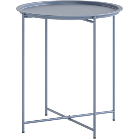 Table basse ronde plateau amovible bord relevé pieds pliables métal Ø46x50cm bleu gris