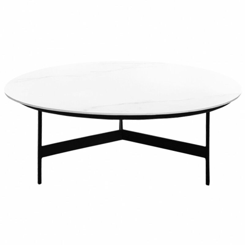 Meubletmoi - Table basse ronde, plateau en céramique blanc et piètement noir - ASHE - Blanc