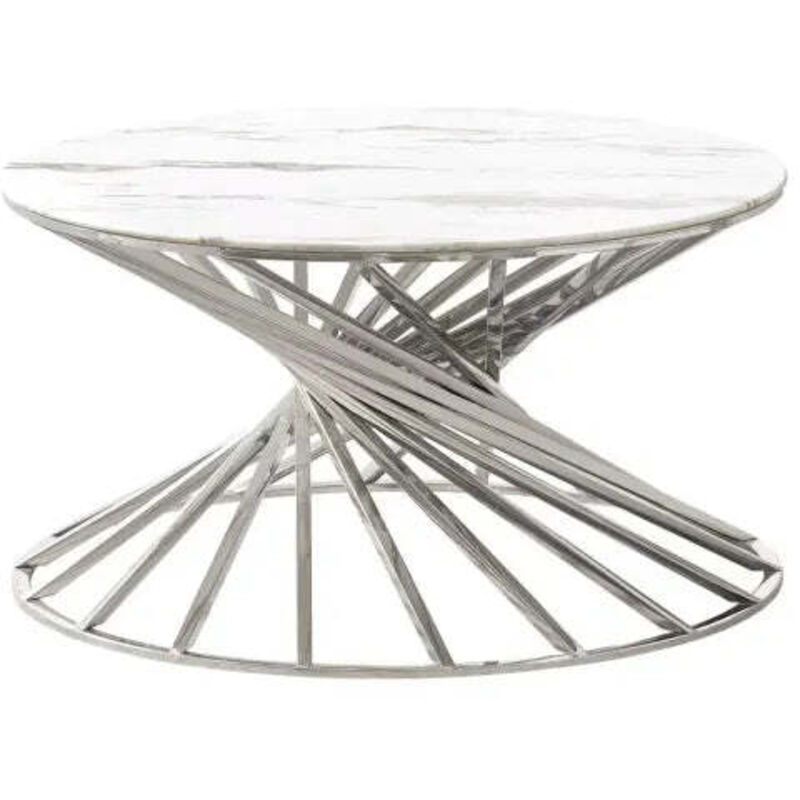 Homy France - Table basse ronde nautilus chromé plateau verre effet marbré Blanc D80 cm