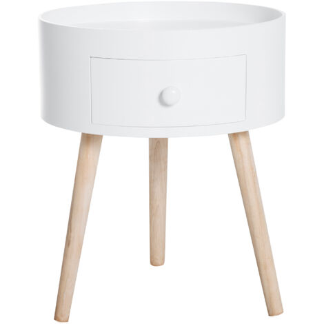 Table basse ronde scandinave bout de canapé avec tiroir, table d'appoint en bois massif chêne clair et blanc, pieds inclinés effilés