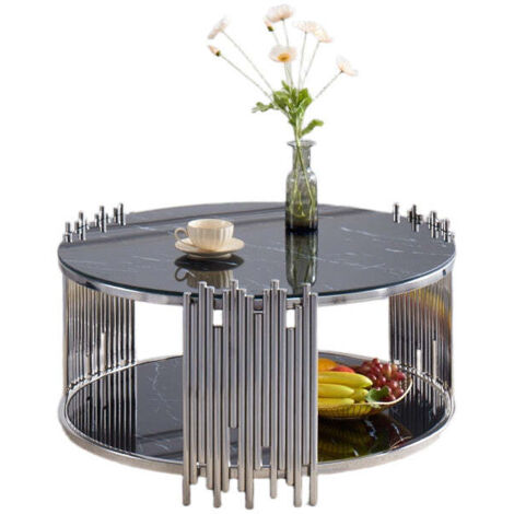 Table Basse ronde STICK Chrome et plateau en verre MARBRE NOIR D90 H45 cm