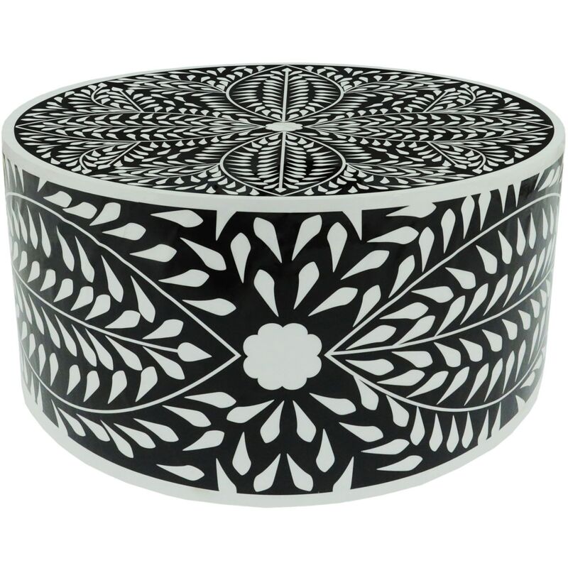 Cotecosy - Table basse ronde style arty Ø66cm Viliana Motif floral noir et blanc