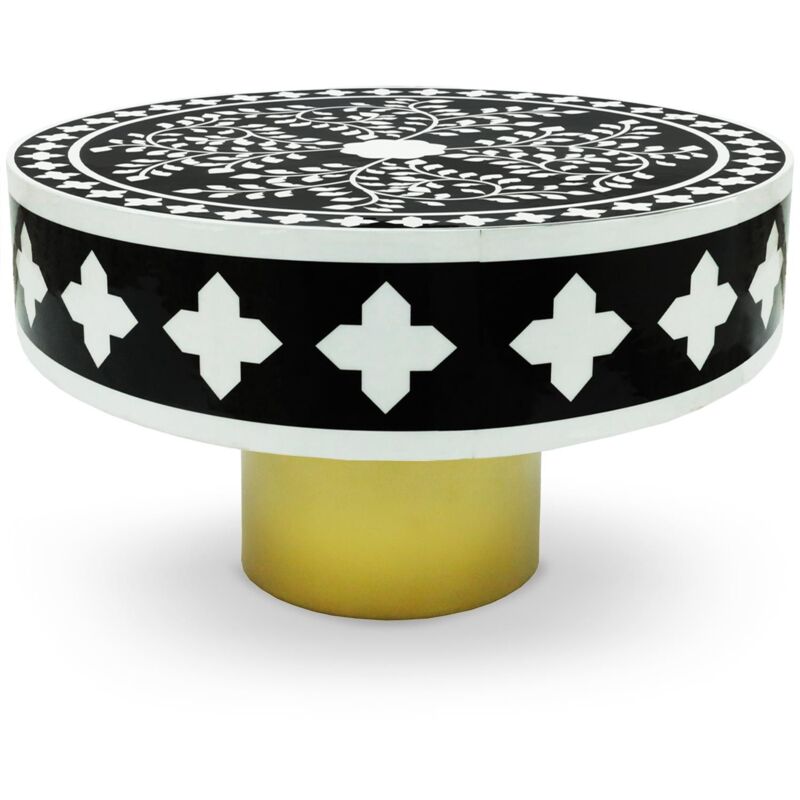 Cotecosy - Table basse ronde style arty Ø71cm Viliana Motif végétal noir et blanc et pied Or