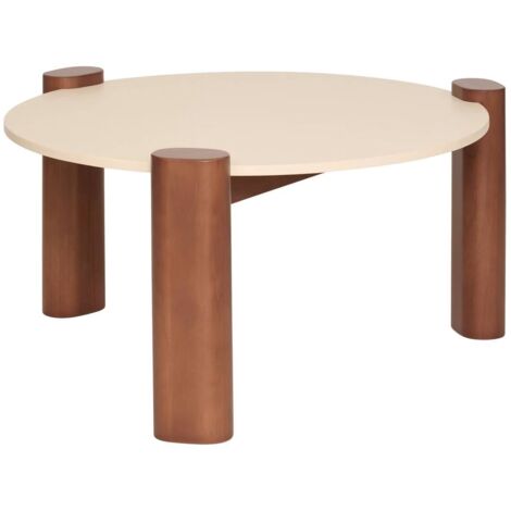 Table basse ronde sur 3 pieds coloris Noyer/Beige - Diamètre 85,5 x Hauteur 43 cm