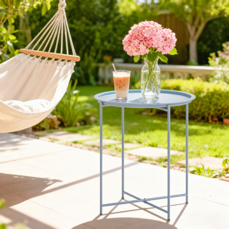 Table Basse Ronde Table d'Appoint Plateau Amovible avec Bord Relevé Pieds Pliables en Métal Ø46x50cm Bleu Gris