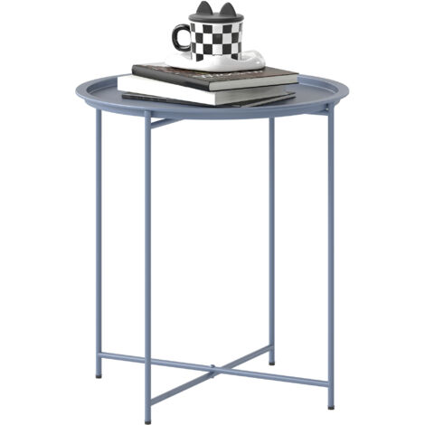 Table Basse Ronde Table d'Appoint Plateau Amovible avec Bord Relevé Pieds Pliables en Métal Ø46x53cm Bleu Gris