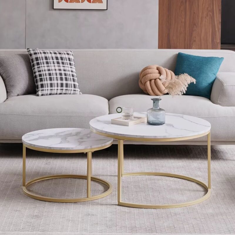 Wokaka - Table Basse Ronde Table Gigogne 2 Pièces Table d'Appoint, Bois Marbré et Pieds en Métal (Φ6040cm)