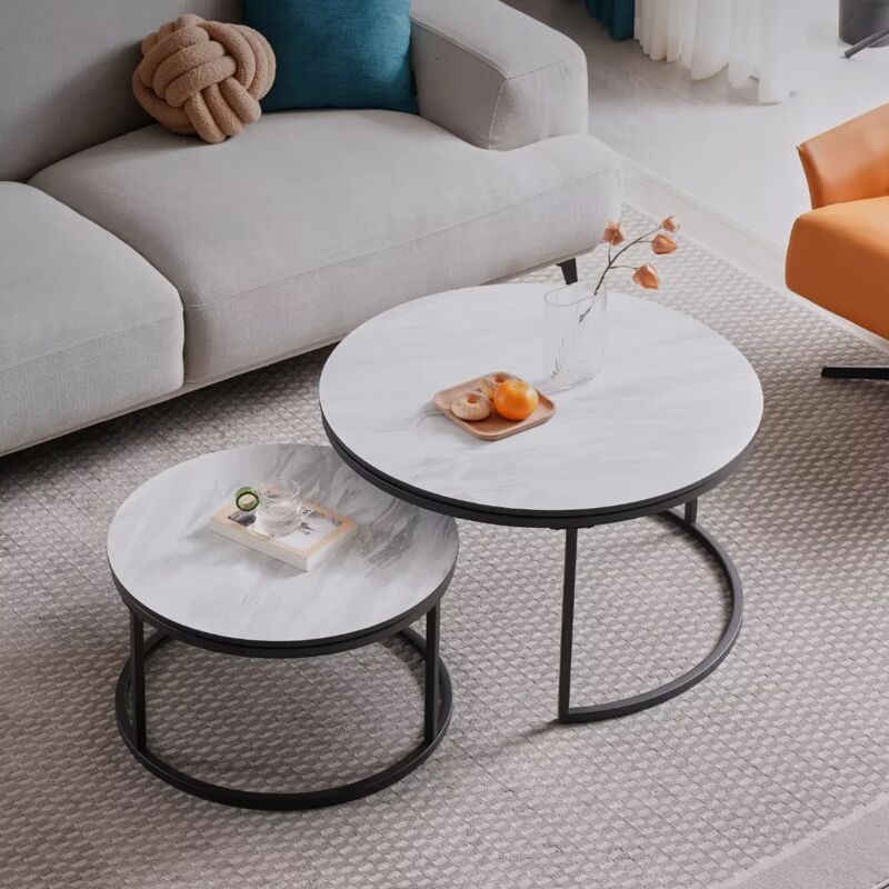 Wokaka - Table Basse Scandinave Table d'Appoint Gigogne Ensemble de 2, Surface en Bois Massif Marbré et Pieds en MétalΦ80cmΦ60cm