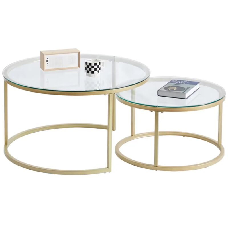 Wokaka - Table basse scandinave table gigogne table d'appoint 2 pièces avec surface en verre et pieds en métal, ronde(Φ6040cm)