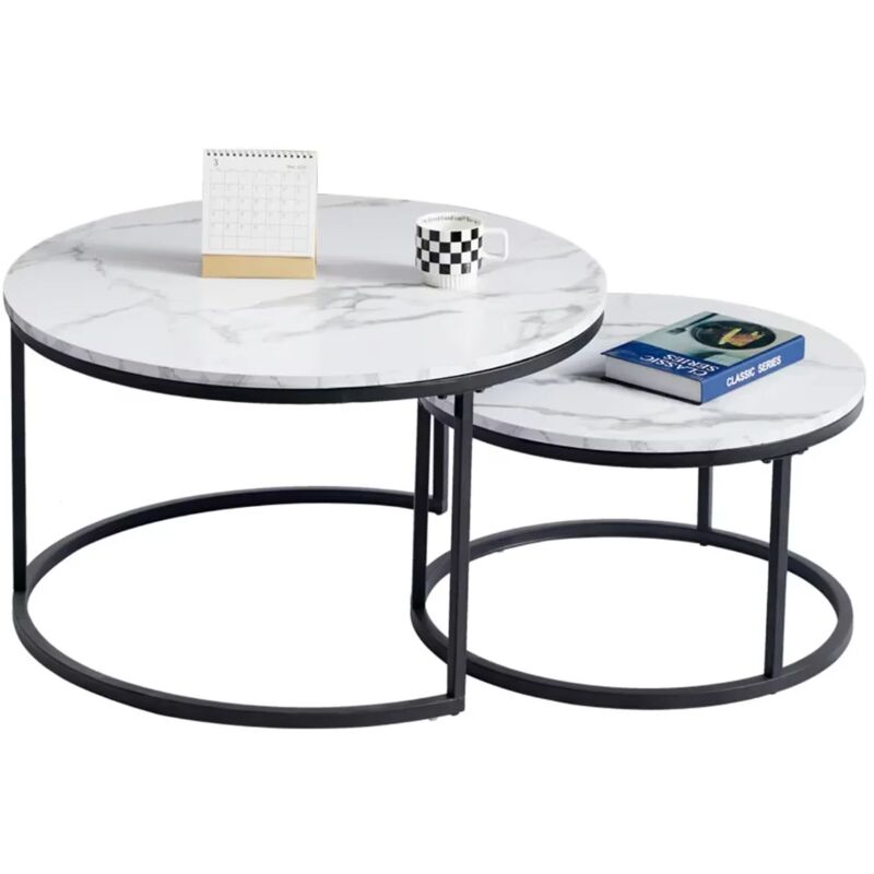 Wokaka - Table Basse Scandinave Table d'Appoint Gigogne Ensemble de 2, Surface en Bois Massif Marbré et Pieds en MétalΦ60cmΦ40cm