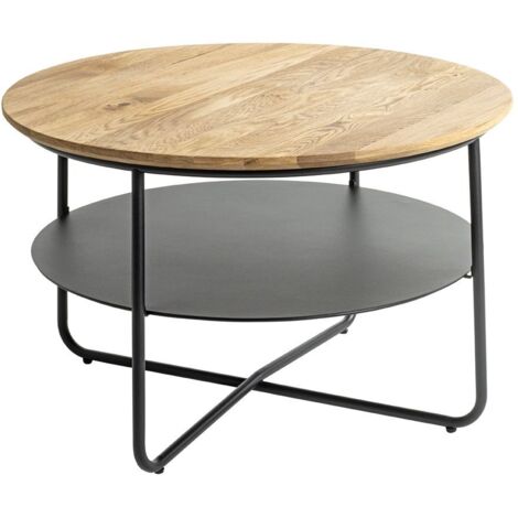 Table basse ronde table séjour et salon coloris chêne et métal en noir - Diamètre 70 x Hauteur 45 cm