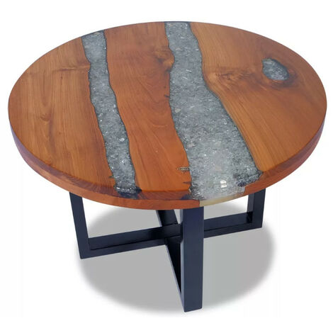 Table basse ronde teck massif clair et manguier noir Tamie