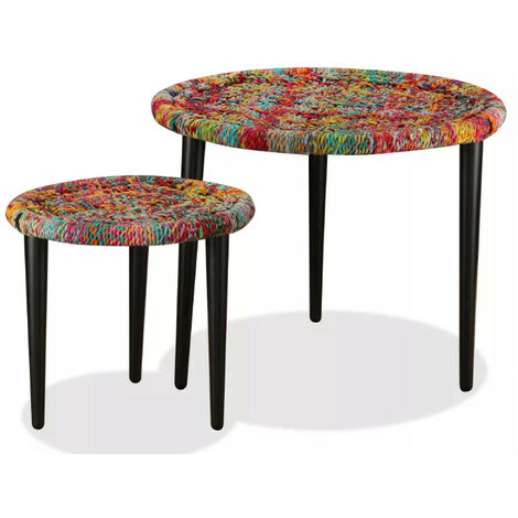 Table basse ronde tissu chindi et métal noir Missa - Lot de 2