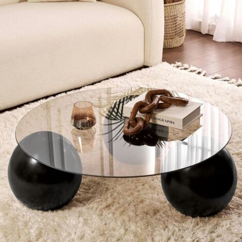 Table basse ronde verre ambré - 3 pieds boules noirs KOCHI