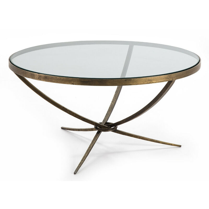 Table basse ronde verre transparent et métal doré vieilli D 92 cm