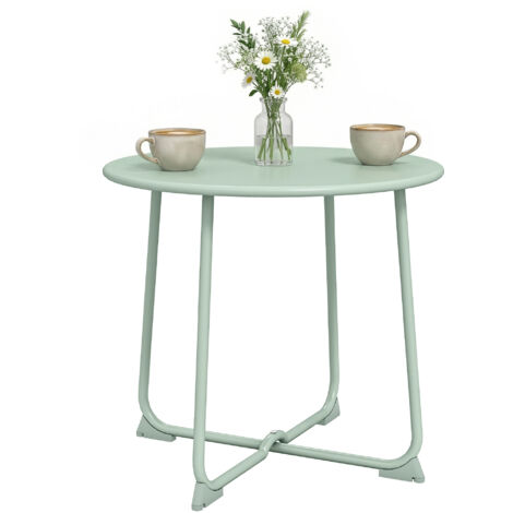 Table basse ronde vert foncé, base X métal, Ø50x45,5 cm, pour 2 personnes.