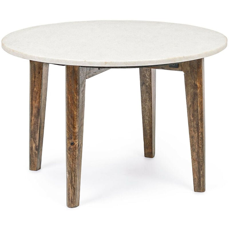 Bizzotto - Table basse ronde vintage en manguier et marbre blanc D60 - blany
