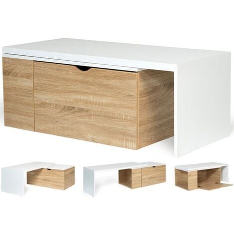 Table basse rotative bois et blanc 360° LIZZI extensible avec coffre - Blanc