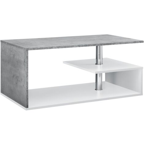 Table basse salon avec étagère rangement en MDF 90 cm blanc et béton