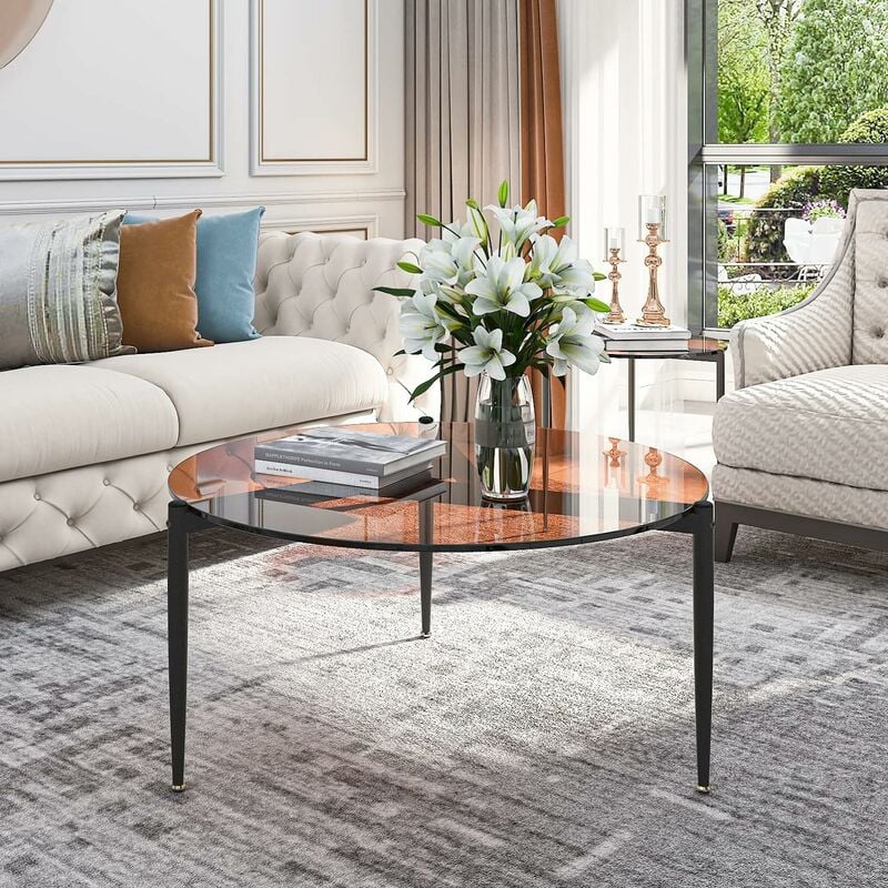 S-giant - Table Basse Salon Ronde: Meuble de Salon en Verre Trempé et Métal Table Basse Design Moderne pour Bureau Chambre 80 x 40 cm,Bistré