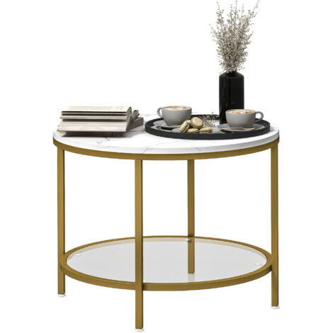 Table basse salon ronde moderne à 2 niveaux plateau effet marbre et étagère en verre trempé, Ø 60 x 45 cm, blanc et doré
