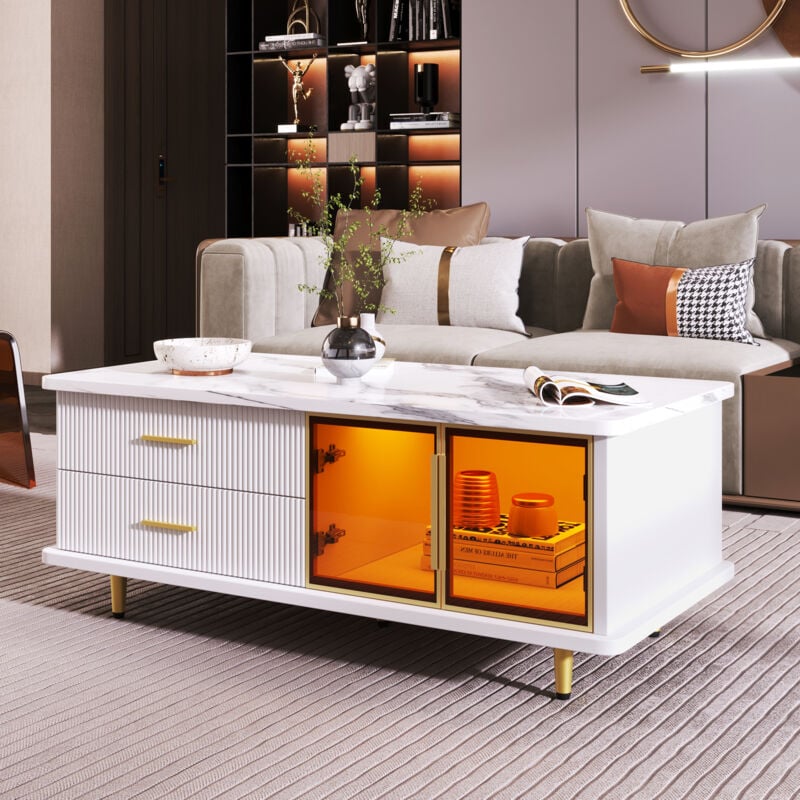Table basse scandinave avec 2 tiroirs et 2 porte en verre trempé - éclairage LED intégré - placage à motif en marbre - Blanc