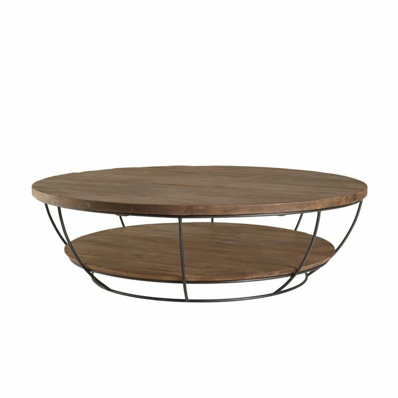 Table Basse Scandinave ronde 120x120cm Double Plateau en bois finition teck recyclé - marron