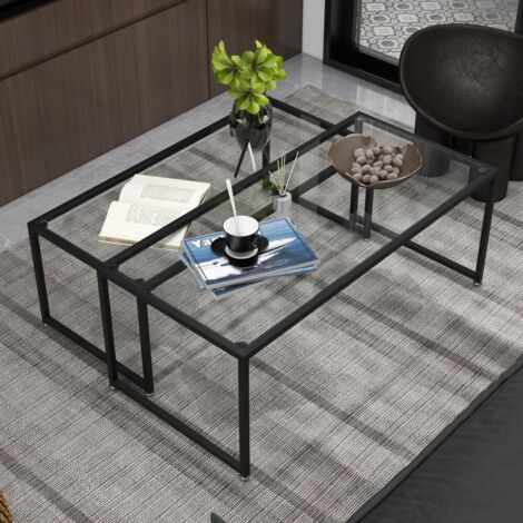 Table basse Set de 2 tables gigognes d'appoint en acier noir pour salon et chambre à coucher avec plateau durable et design moderne