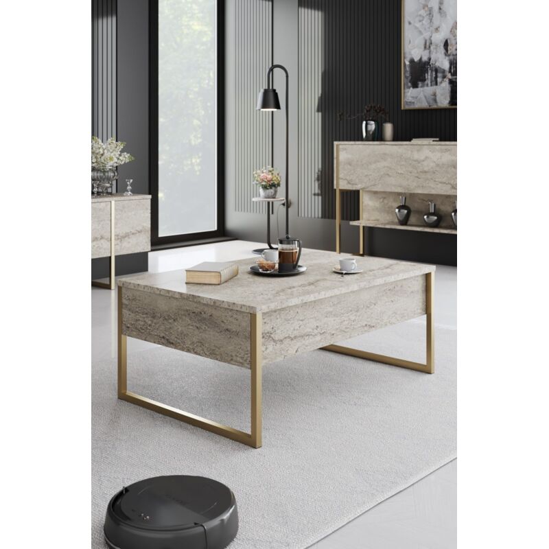 Table basse Sibylle L90xH40cm Bois Effet travertin et Métal Or Table basse Sibylle L90xH40cm Bois Effet travertin et Métal Or