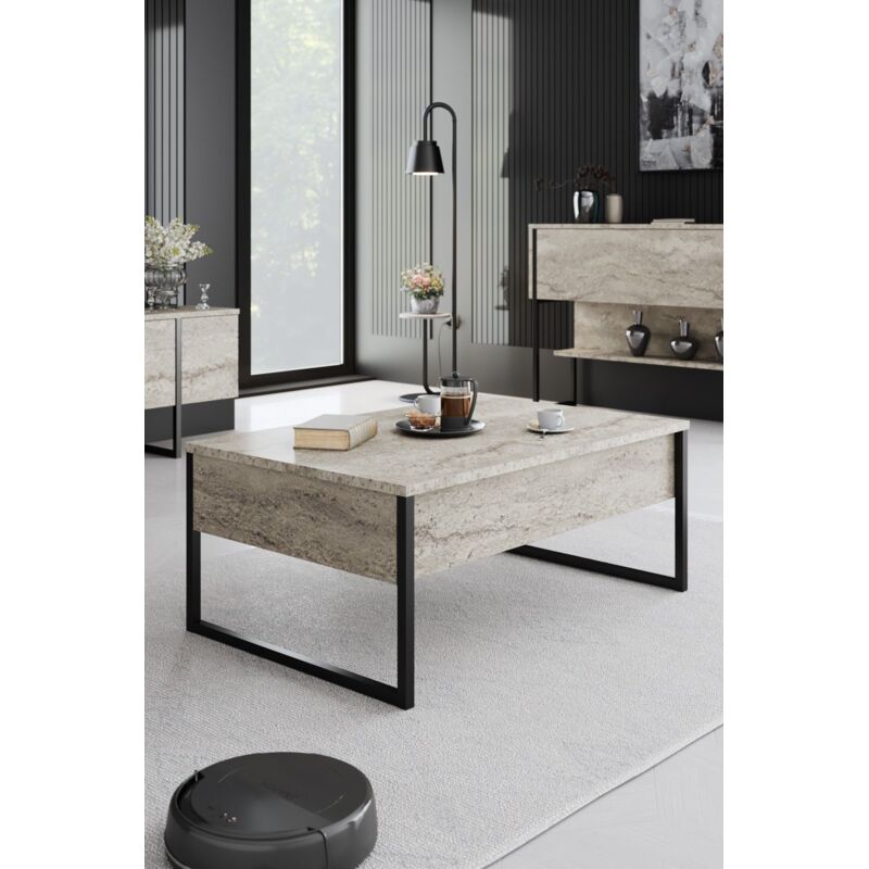 Table basse Sibylle L90xH40cm Bois Effet travertin Beige et Métal Noir Table basse Sibylle L90xH40cm Bois Effet travertin Beige et Métal Noir