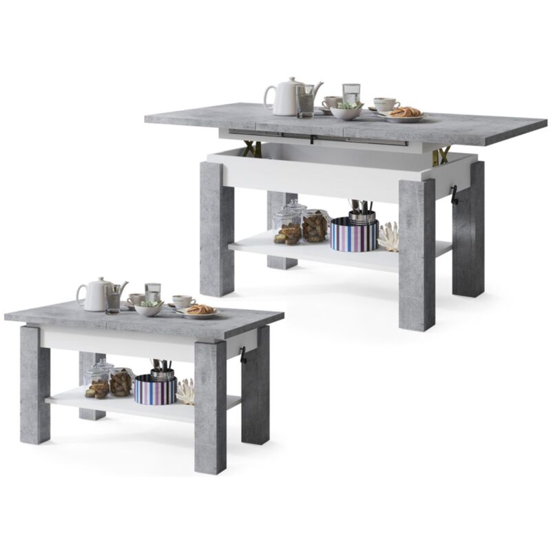 Dusine - Table basse sierra relevable et extensible de 100 cm à 150 cm en blanc beton Dusine - Table basse sierra relevable et extensible de 100 cm à 150 cm en blanc beton