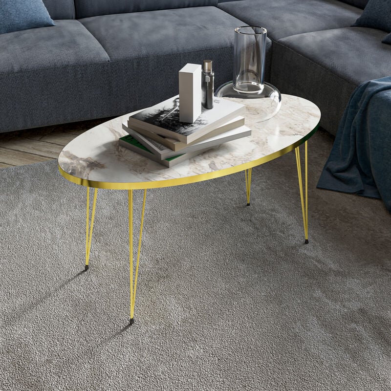 [en.casa] - Table basse Skævinge ovale 43 x 90 x 50 cm marbre blanc or