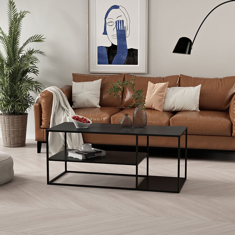 [en.casa] - Table basse Solund avec 2 étagères acier 120 x 50 x 50 cm noir mat