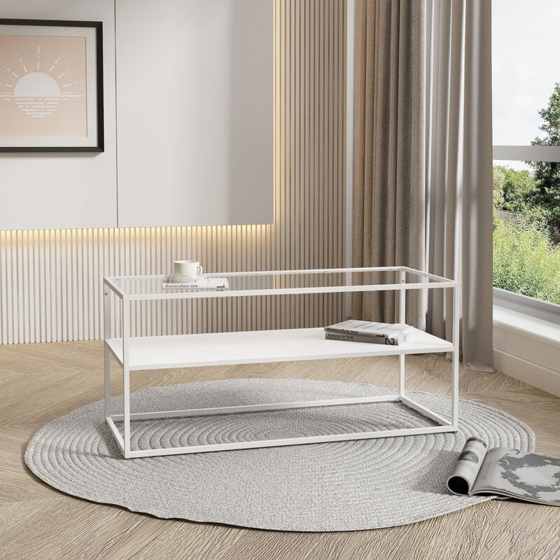 [en.casa] - Table basse Solund avec étagère acier verre trempé 102 x 43 x 46 cm blanc mat