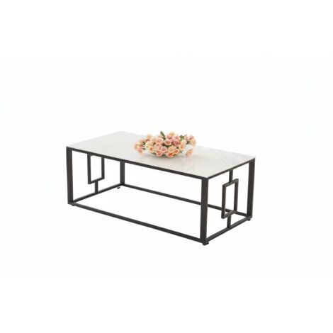 Table Basse SOPHIE Pieds Métal Noir Plateau Verre Trempé Marbré Blanc 120x60x45cm