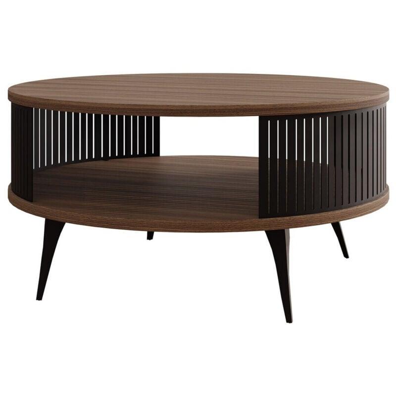 Arredamento1 - Table basse Sordore 100, Noir + Noyer, 44x0x0cm, Diamètre: 75, Stratifié, Rond