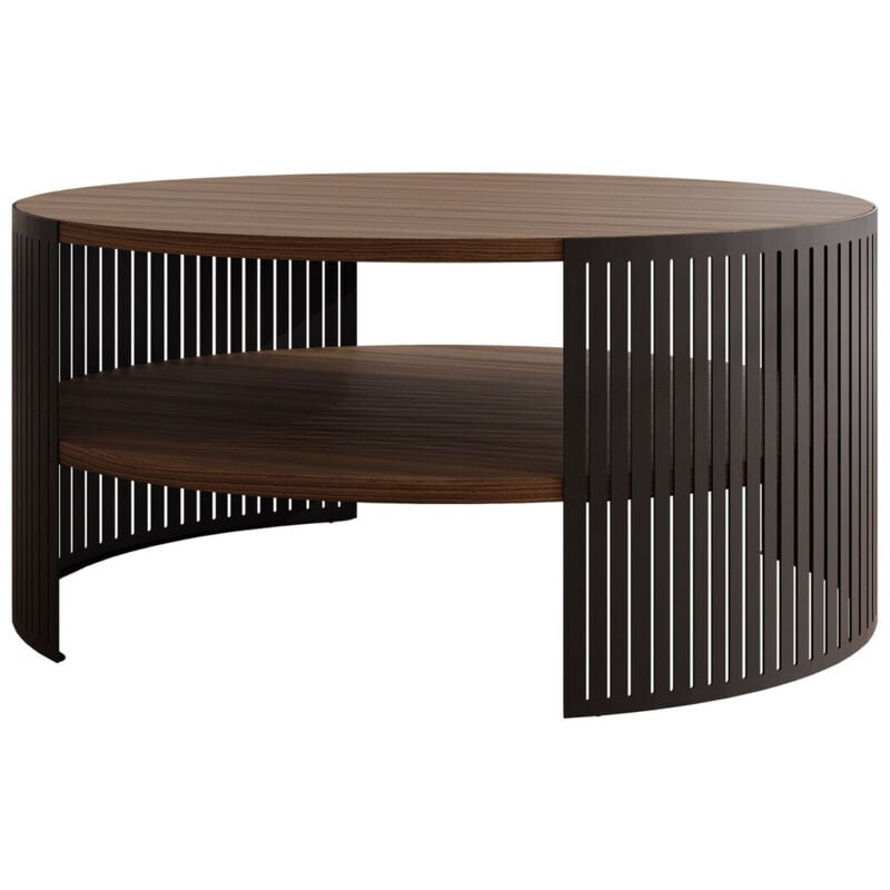 Mobilier1 - Table basse Sordore 102, Noir + Noyer, 40x0x0cm, Diamètre: 75, Stratifié, Rond