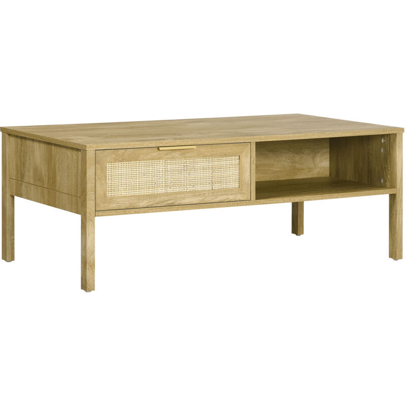 Homcom - Table basse style bohème chic - tiroir coulissant, 2 niches - cannage en rotin panneaux aspect chêne clair
