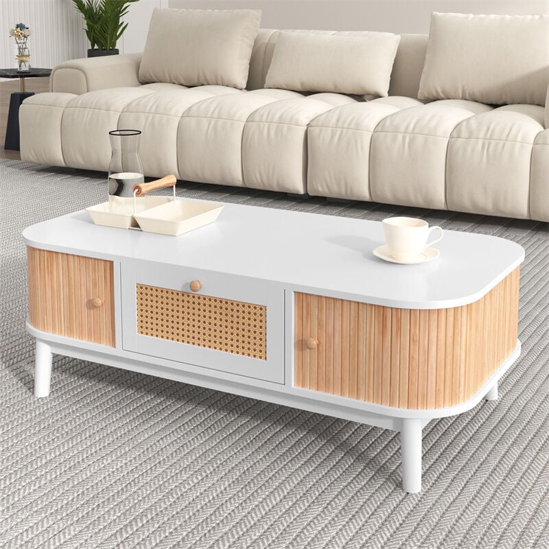 Fortuna Lai - Table basse 110x55x38.5cm - Table avec tiroirs en rotin et portes coulissantes avec lattes, pieds en bois massif - Blanc