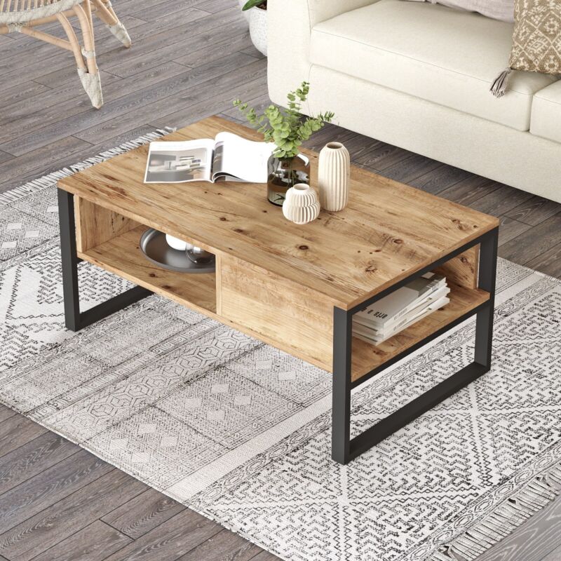 Cotecosy – Table basse fixe en aggloméré pin atlantique – Dimensions 100x59,7x44,4 cm – Finition grain bois naturel – Montage facile