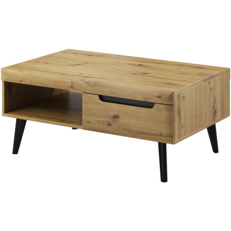 Table Basse SUDBURRY - Chêne - Accessoires Noirs - 2 Tiroirs - Largeur 107 cm, Hauteur 46 cm, Profondeur 67 cm
